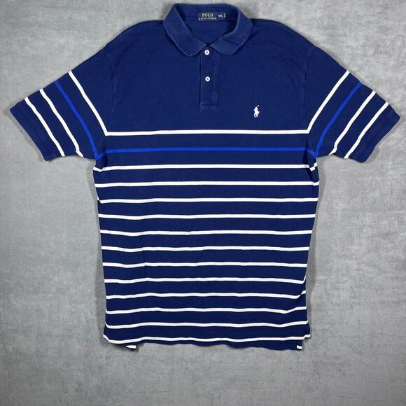VTG Polo Ralph Lauren Golf Shirt Men's 2XL Blue Striped Performance Short Sleeve - Picture 1 of 6